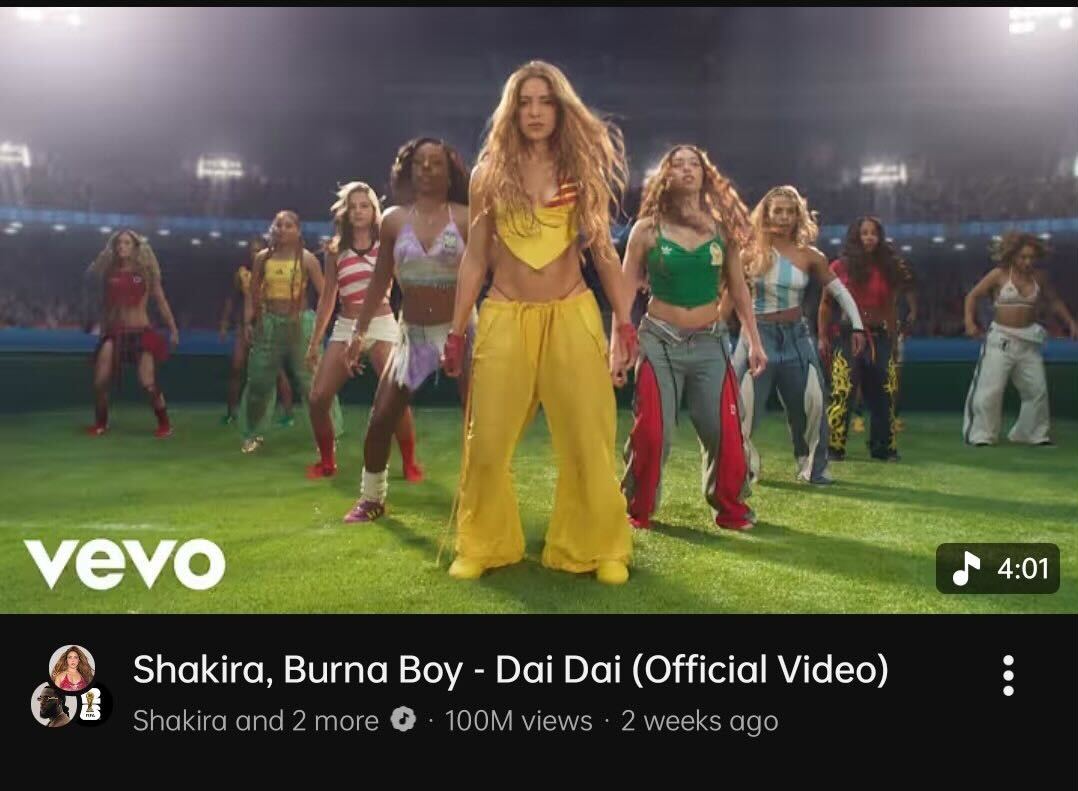 Shakira & Burna Boy’s ‘Dai Dai’ Surpasses 100 Million YouTube Views