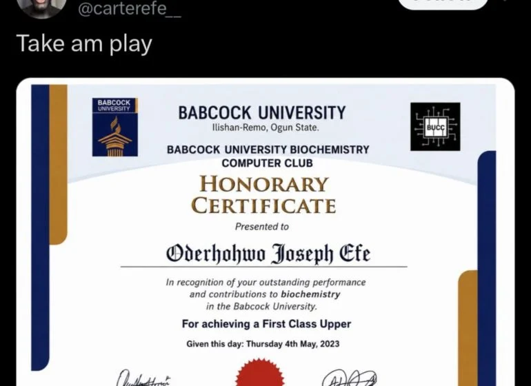 Babcock disowns Carter Efe’s ‘first class upper’ certificate, threatens legal action