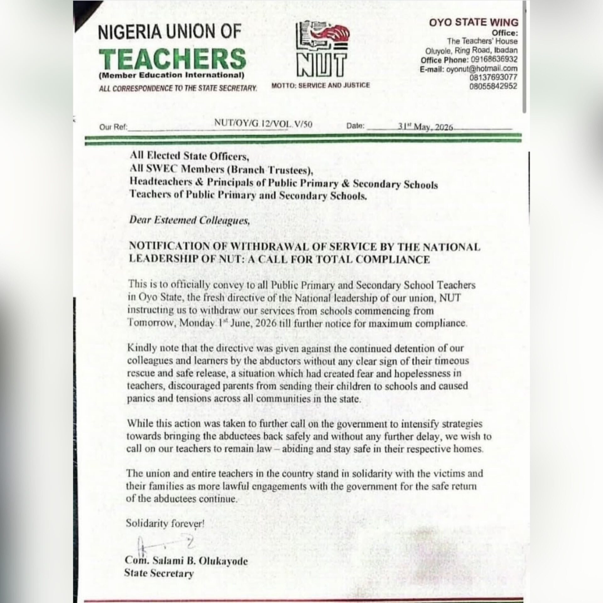 NUT Declares Indefinite Strike Over Mass Abduction of Students and Teachers in Oyo