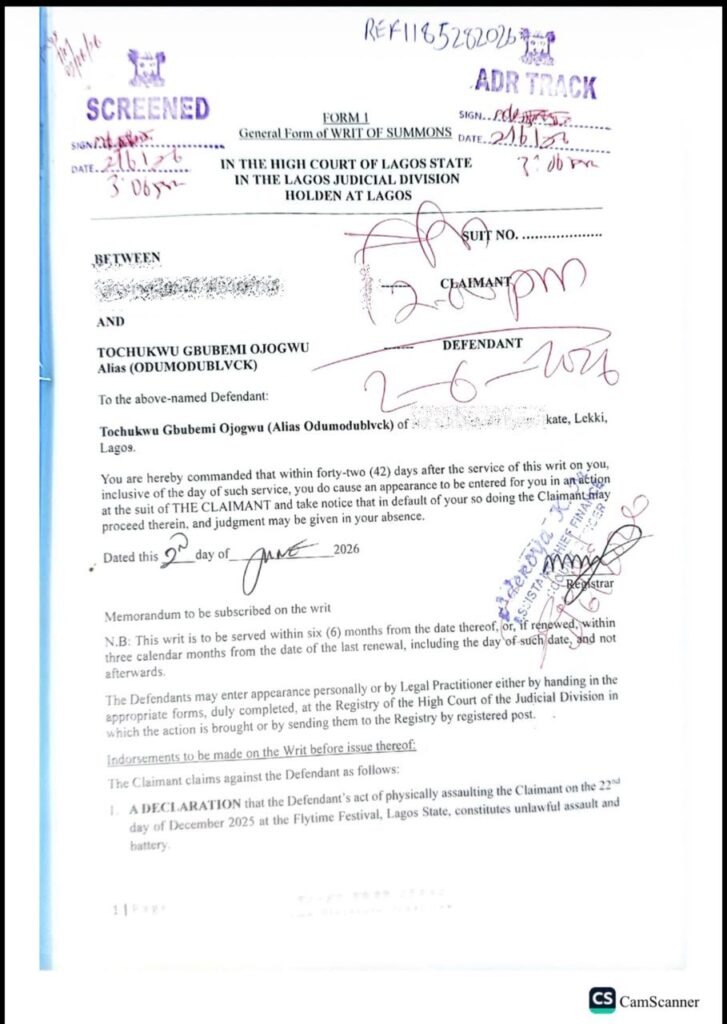 First page of court documents filed in the legal case between Chocolate City and rapper Odumodublvck.