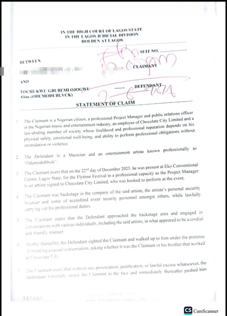 Fourth page of court documents filed in the legal case between Chocolate City and rapper Odumodublvck.
