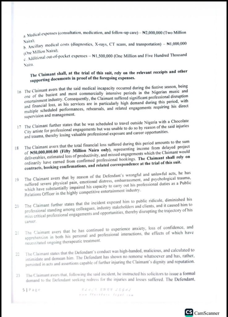 Second page of court documents filed in the legal case between Chocolate City and rapper Odumodublvck.