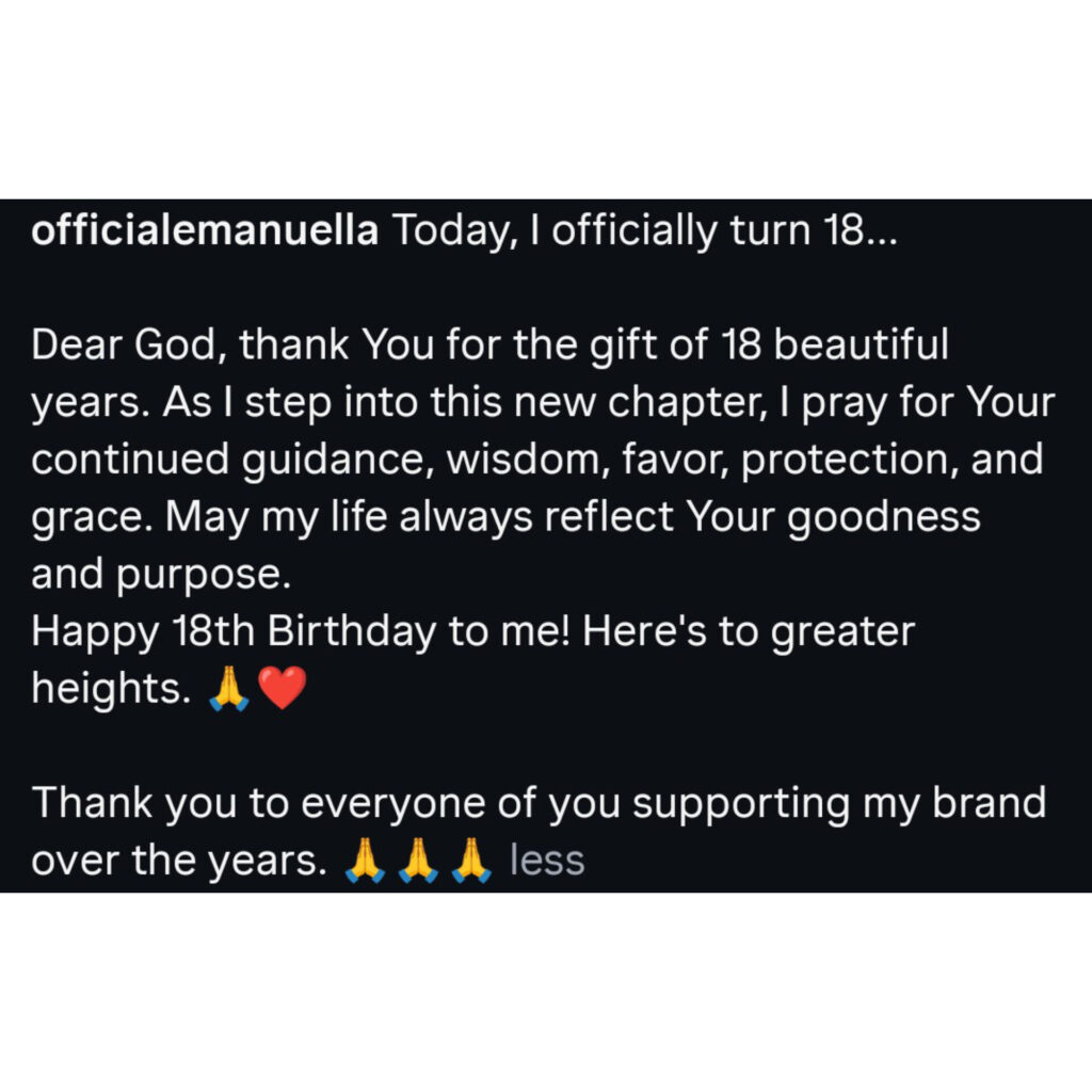 Emmanuella's Instagram birthday message thanking God and her supporters as she celebrates turning 18.