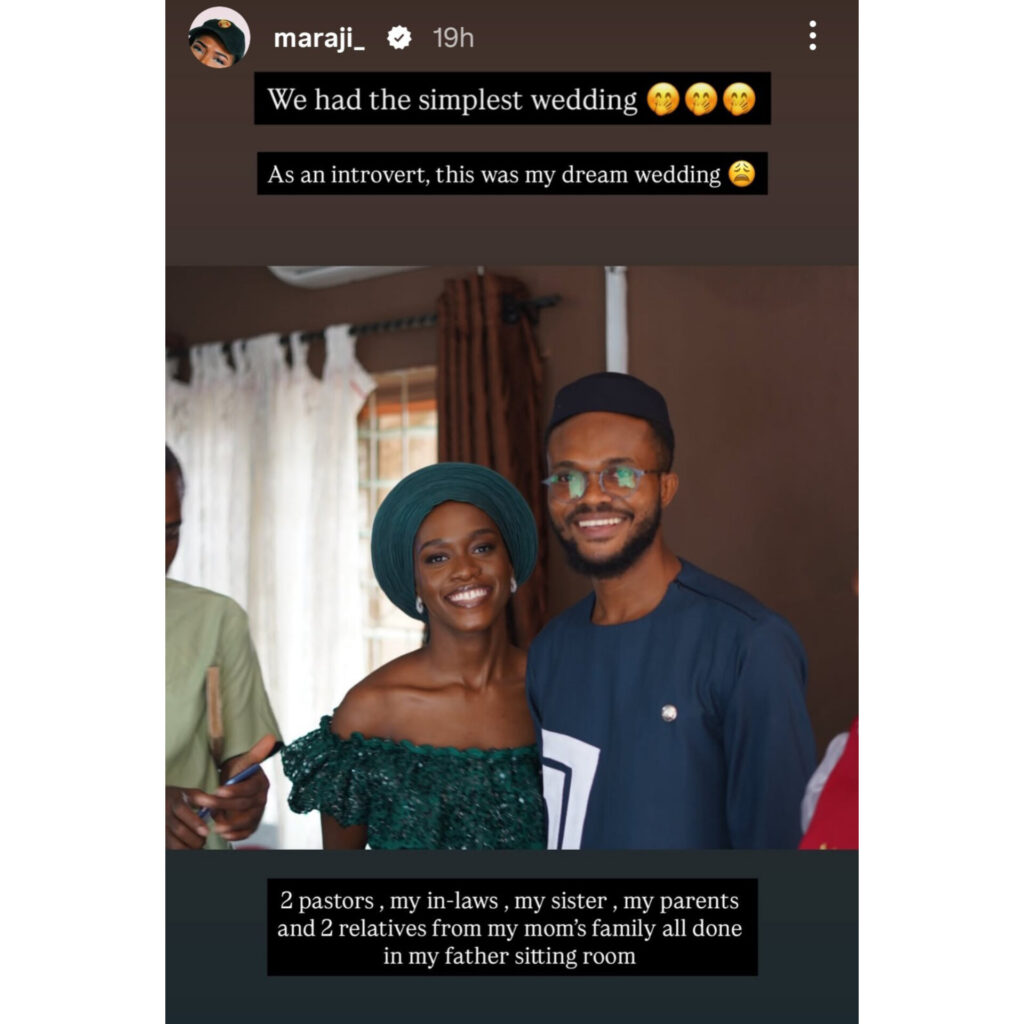 Maraji's Instagram Story showing photos from her intimate wedding in her father's living room