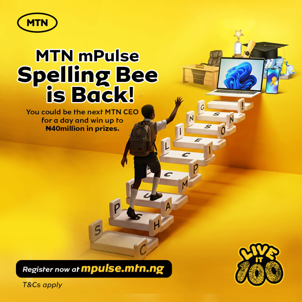 MTN mPulse Spelling Bee 2026 flyer announcing nationwide registration for Nigerian students.