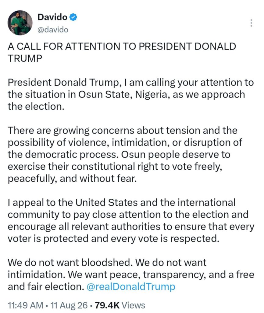 Davido appeals to Trump over Osun election