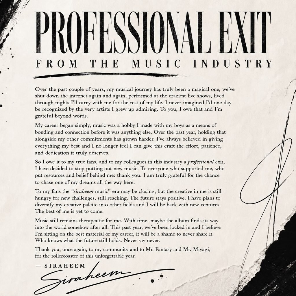 Siraheem Announces Professional Exit From Music Industry