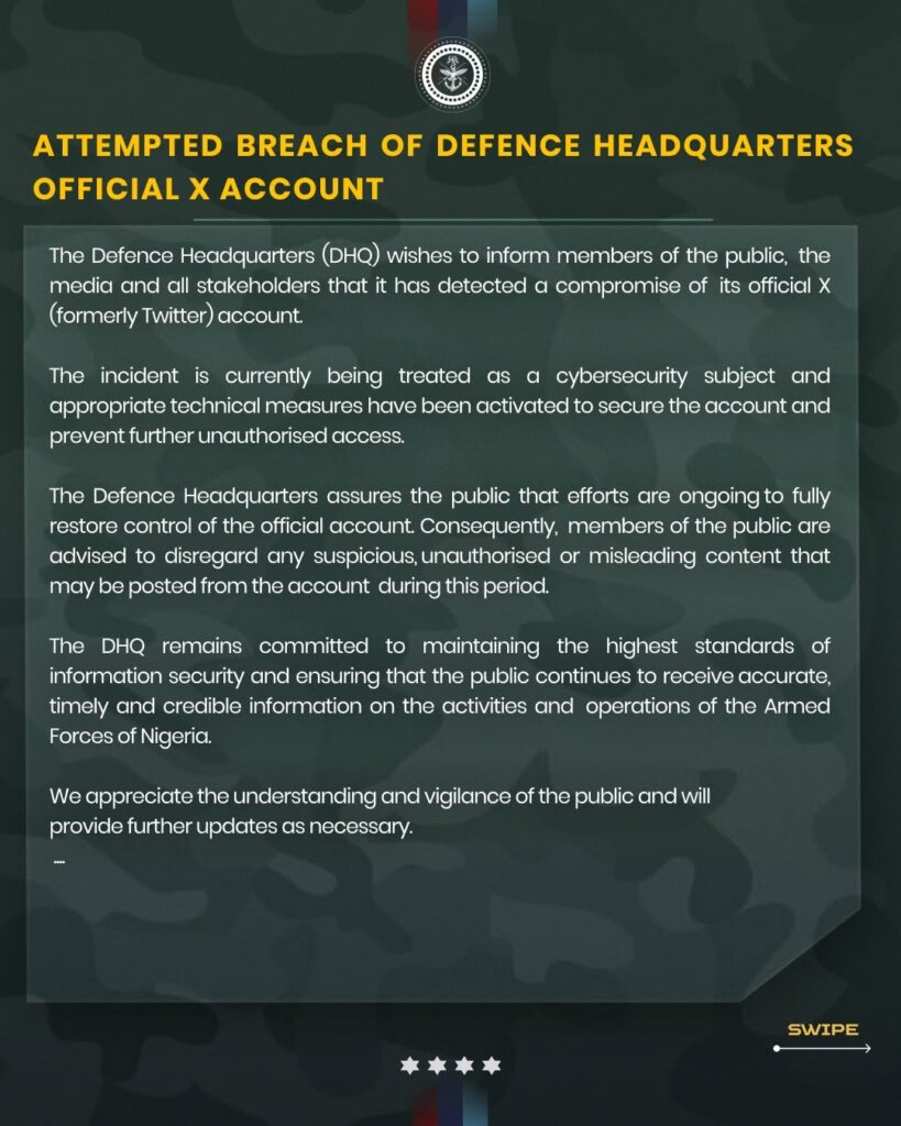 Nigeria's Defence Headquarters X Account Hacked-1
