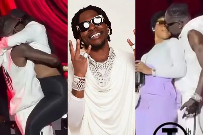 Shatta Wale sparks reactions after kissing two wives during stage performance